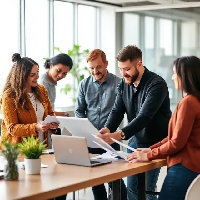 Diverse team collaborating in a modern office