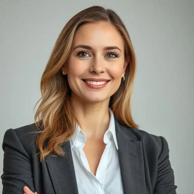 A professional woman confidently looking forward.