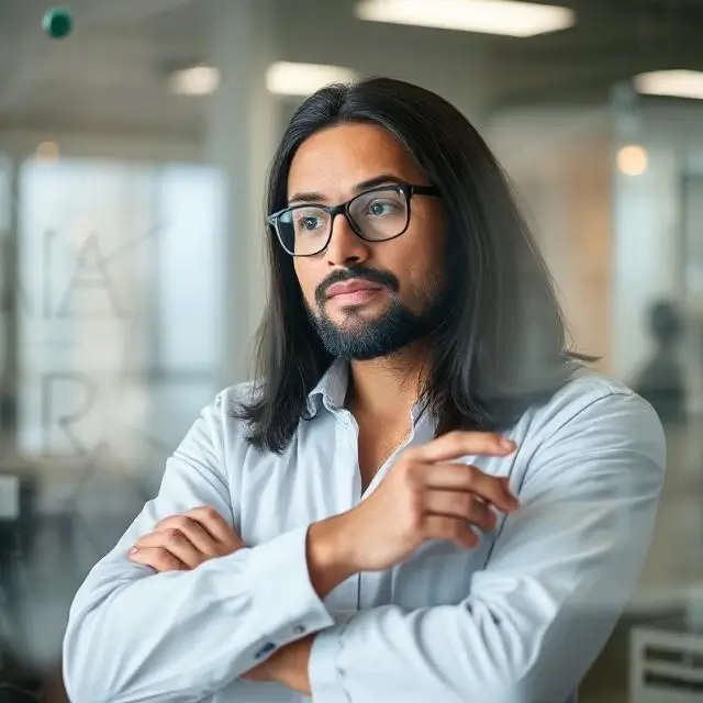 A professional looking thoughtfully at a complex problem on a glass board.