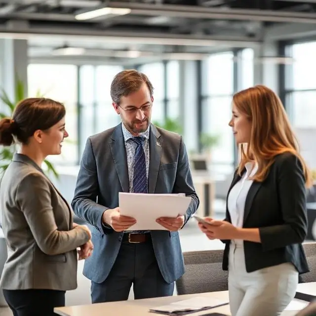 A professional mentor guiding a colleague in a bright, modern office.