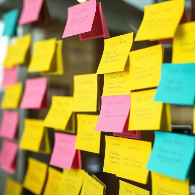 Close-up of a team brainstorming with sticky notes.