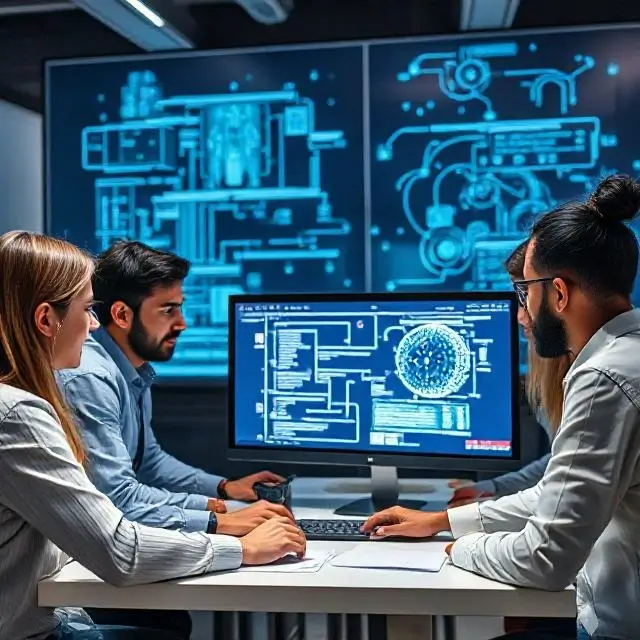A diverse team of AI engineers collaborating around a screen.
