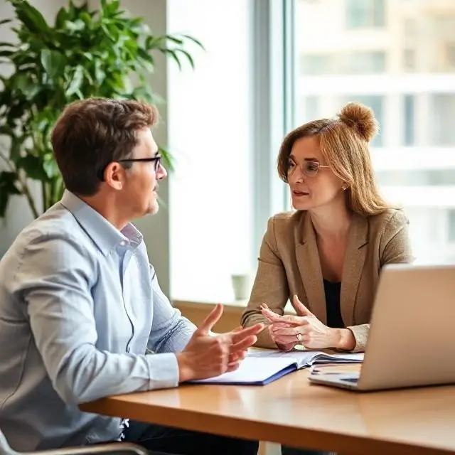 Two people having a productive meeting, symbolizing coaching.