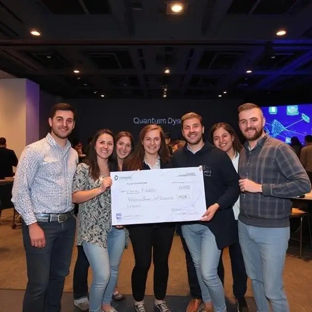 Team members of 'Quantum Dynamics' celebrating a success.